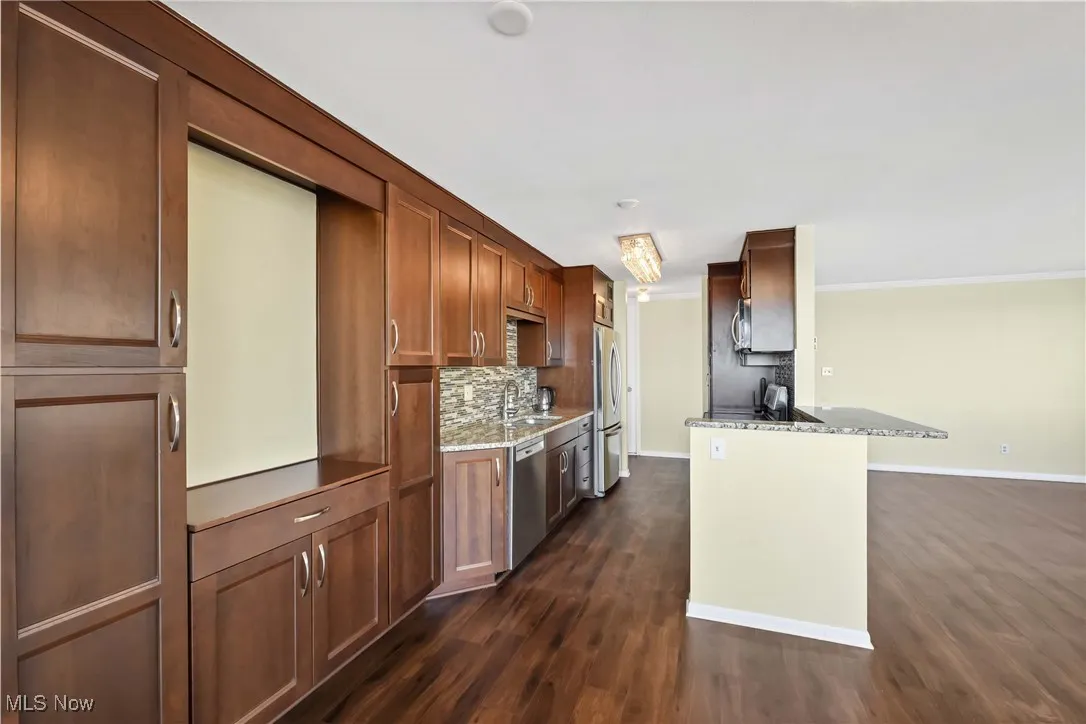 Kitchen featuring a sink, stone counters, decorative backsplash, stainless steel appliances, and dark wood-style flooring