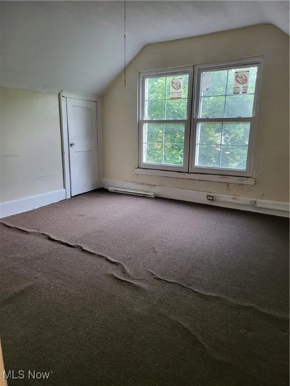 Additional living space with carpet floors, vaulted ceiling, and a textured ceiling