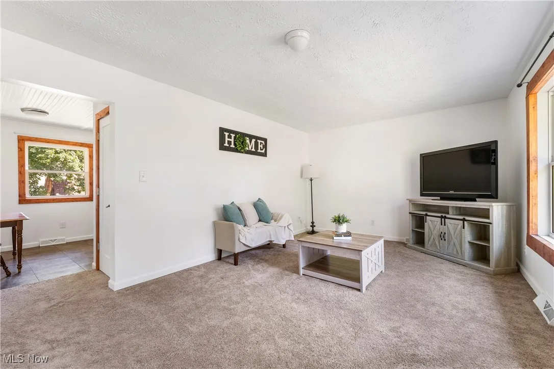Living area with carpet and a textured ceiling