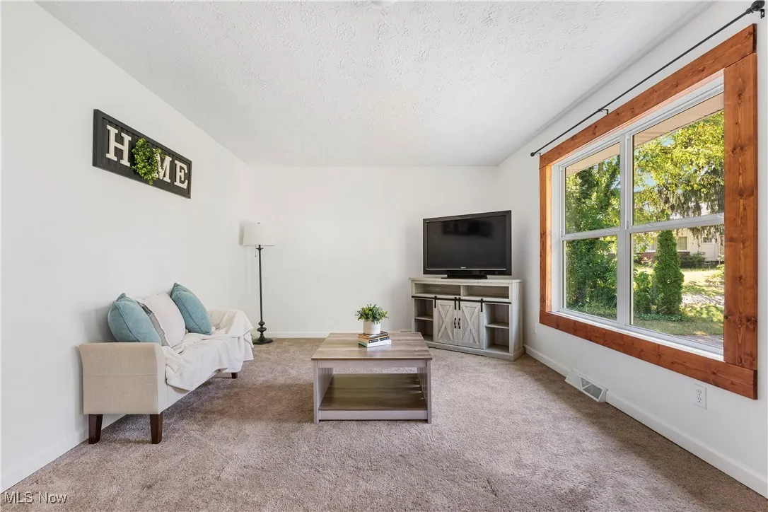 Carpeted living room with baseboards and a textured ceiling