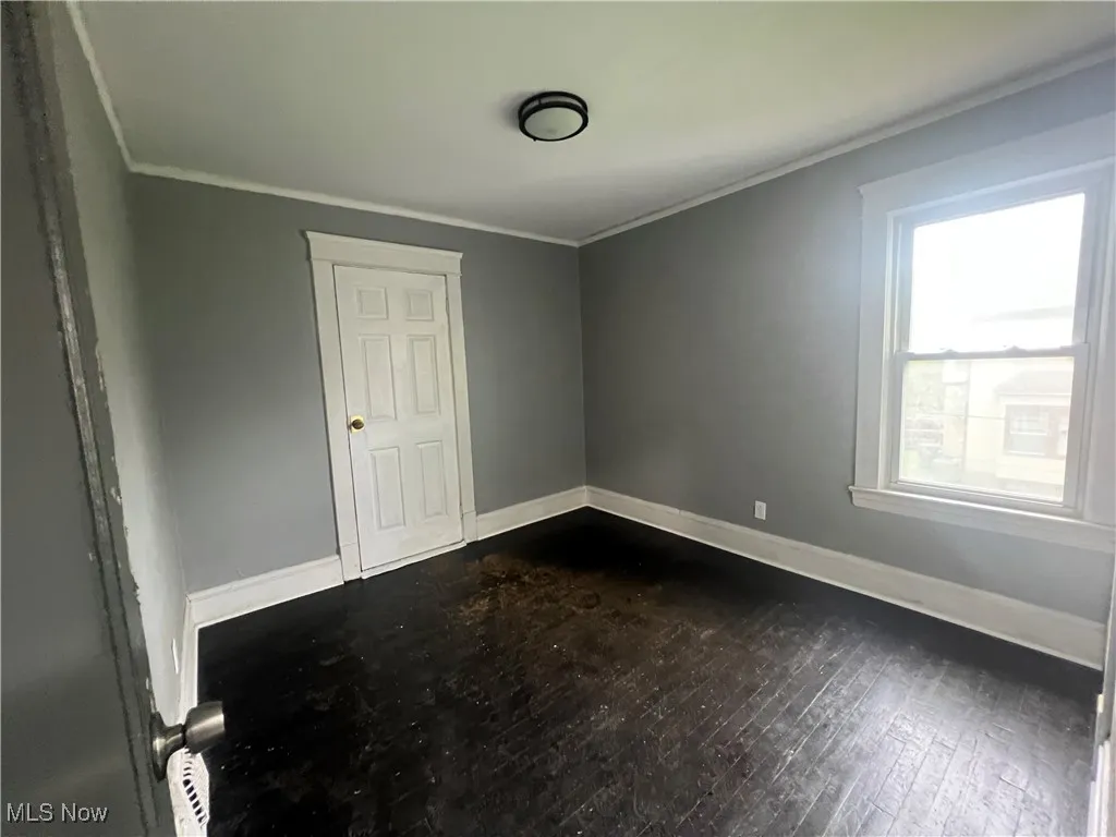 Spare room with dark wood-style flooring and crown molding