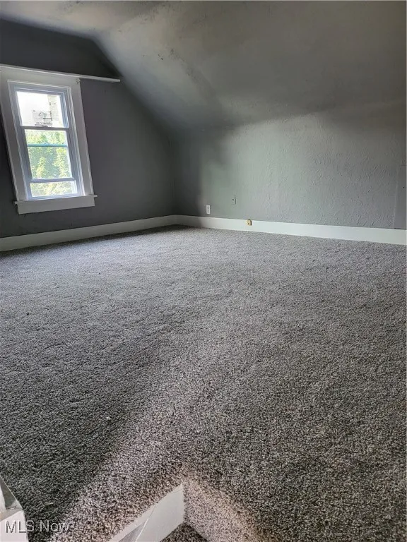 Additional living space featuring lofted ceiling, carpet floors, and a textured wall