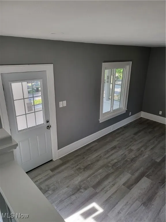 Foyer entrance featuring dark wood-type flooring and baseboards