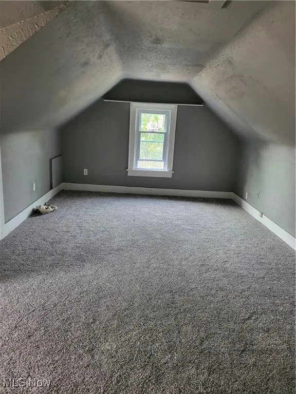 Bonus room with carpet flooring, lofted ceiling, and a textured ceiling