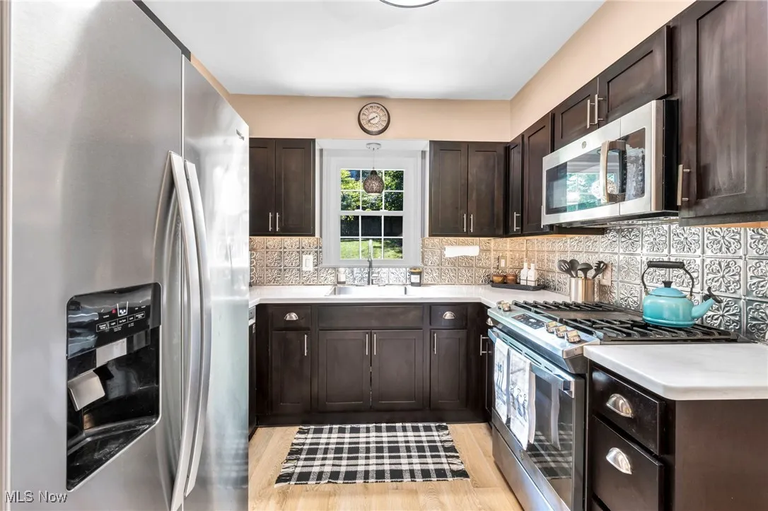 Kitchen featuring stainless steel appliances facing backyard.