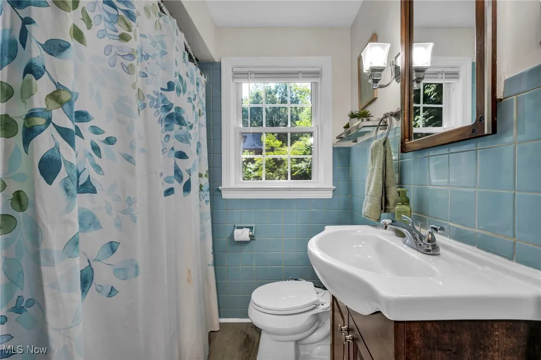 Second floor bathroom view from doorway into backyard.