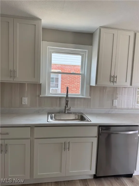 Kitchen with stainless steel dishwasher, light countertops, and a textured ceiling