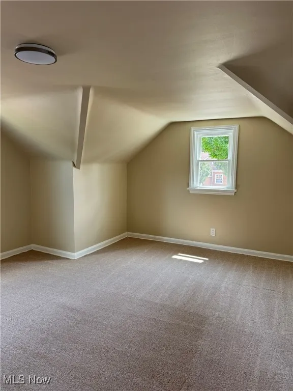 Bonus room with lofted ceiling and carpet