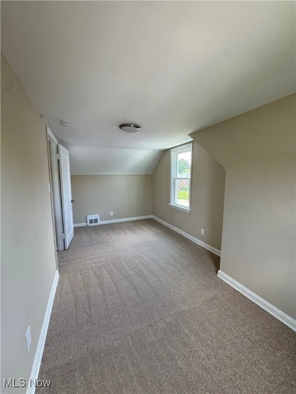 Additional living space featuring carpet flooring and lofted ceiling