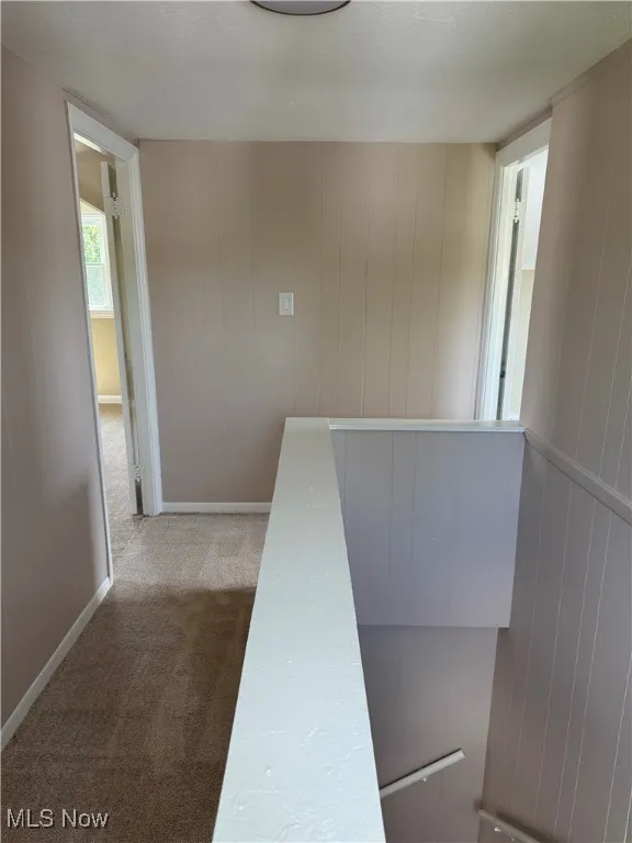 Hall featuring carpet flooring and wood walls