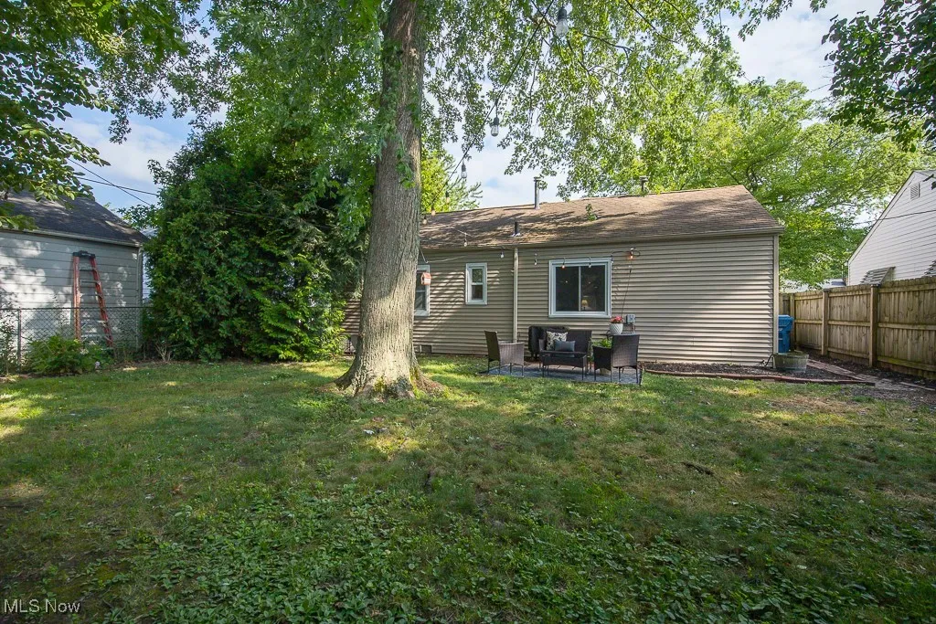 Rear view of property with a fenced backyard