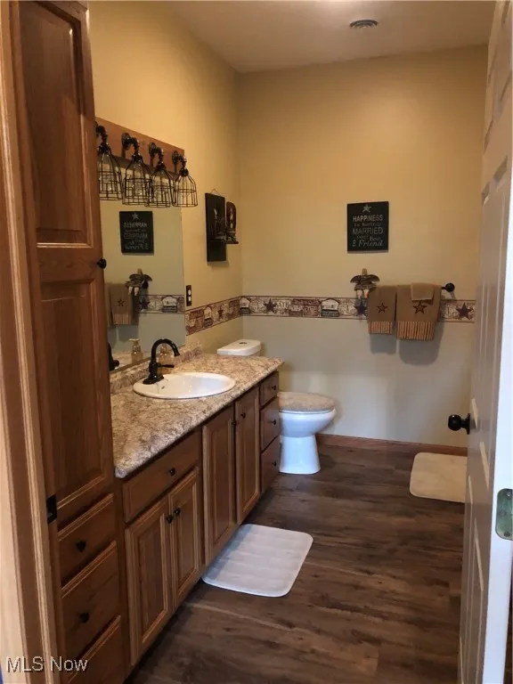 Bathroom featuring vanity and wood finished floors