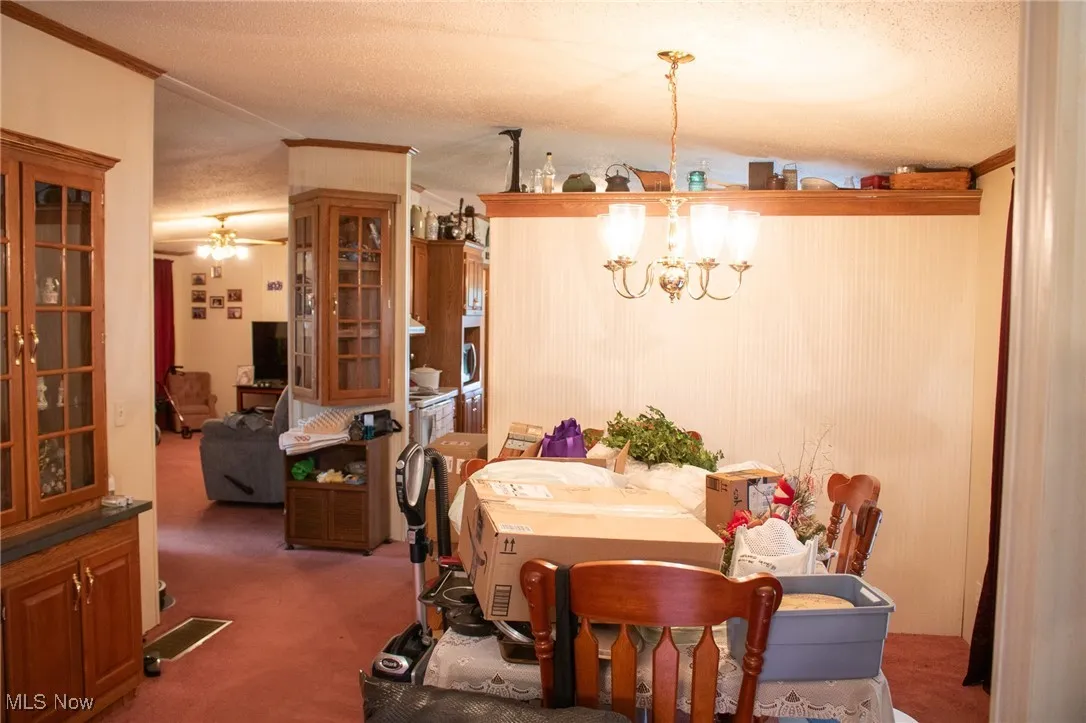 Dining area featuring ornamental molding, carpet, ceiling fan, a textured ceiling, and a chandelier