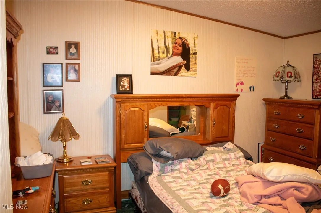 Bedroom with crown molding and a textured ceiling
