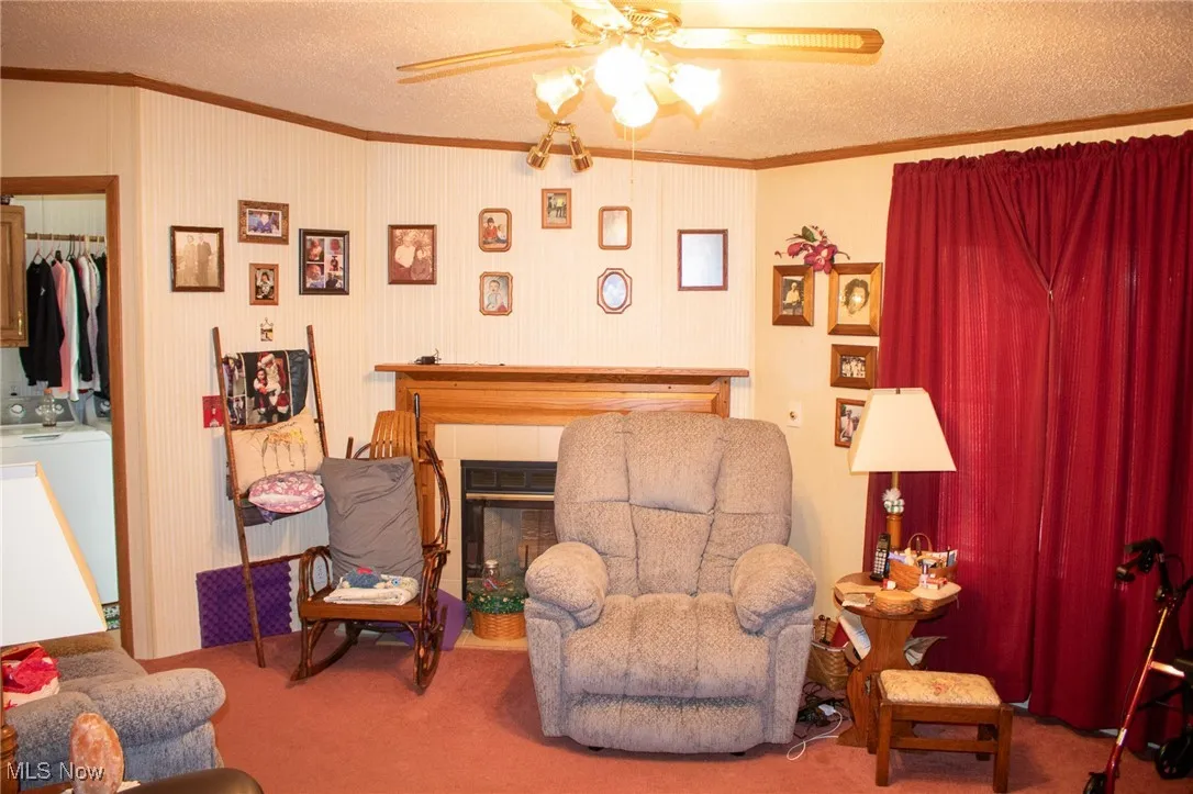 Living area featuring crown molding, a textured ceiling, carpet flooring, a tiled fireplace, and a ceiling fan