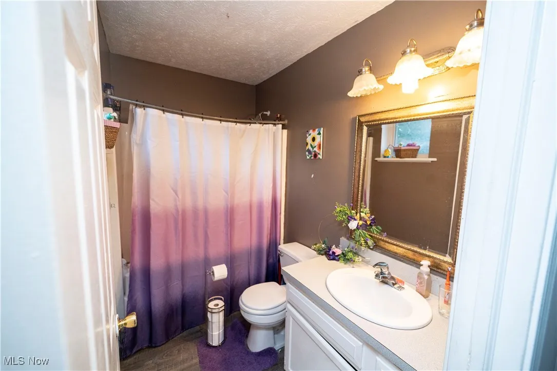 Full bathroom featuring vanity, a textured ceiling, and curtained shower