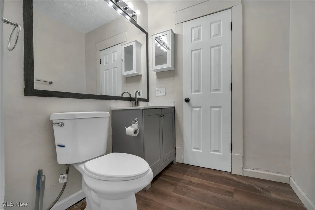 Bathroom with wood finished floors, new vanity, new mirror and lighting