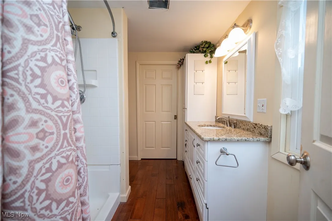 Bathroom featuring vanity, wood-type flooring, and curtained shower