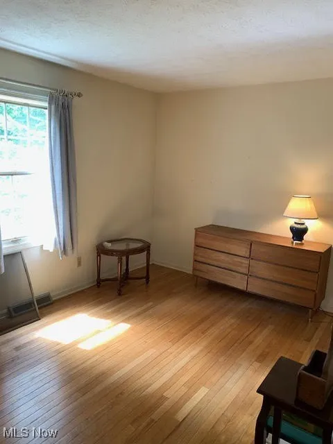 Sitting room with light wood-style flooring and a textured ceiling