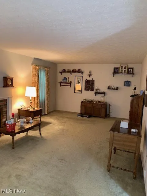 Living area featuring a fireplace, a textured ceiling, and light colored carpet