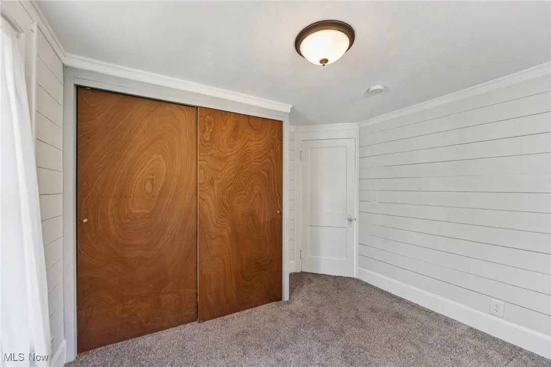 Unfurnished bedroom with wood walls, carpet, a closet, and ornamental molding