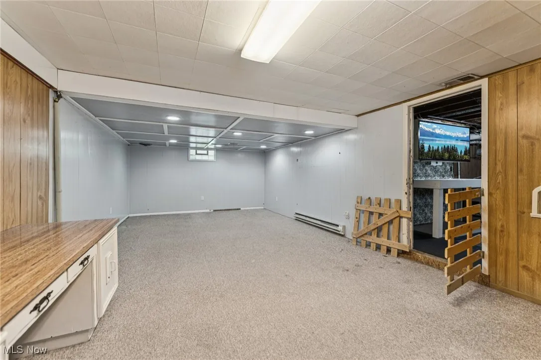 Below grade area with wood walls, carpet floors, and a baseboard heating unit