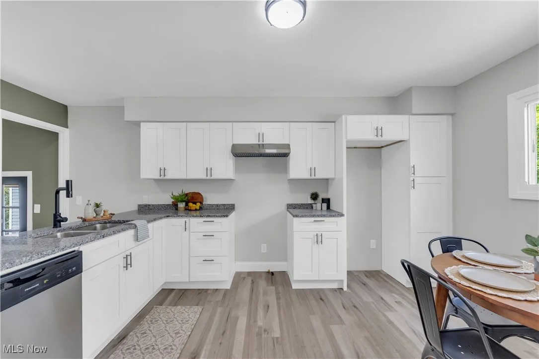 Kitchen featuring plenty of natural light, stainless steel dishwasher, light wood-style flooring, and under cabinet range hood