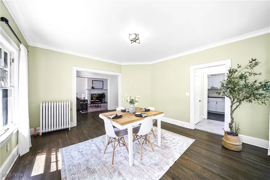Dining space with radiator heating unit, crown molding, wood finished floors, and a fireplace