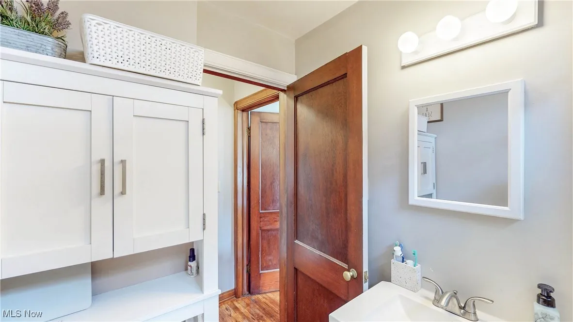 Bathroom with wood finished floors and a sink