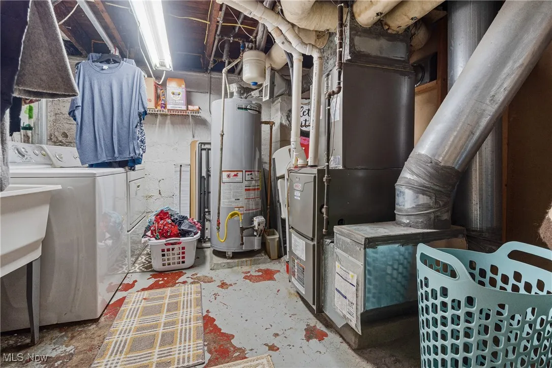 Utilities with washer and clothes dryer, gas water heater, and heating unit