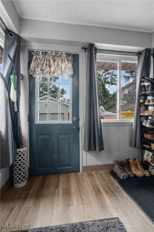 Doorway with wood finished floors and plenty of natural light