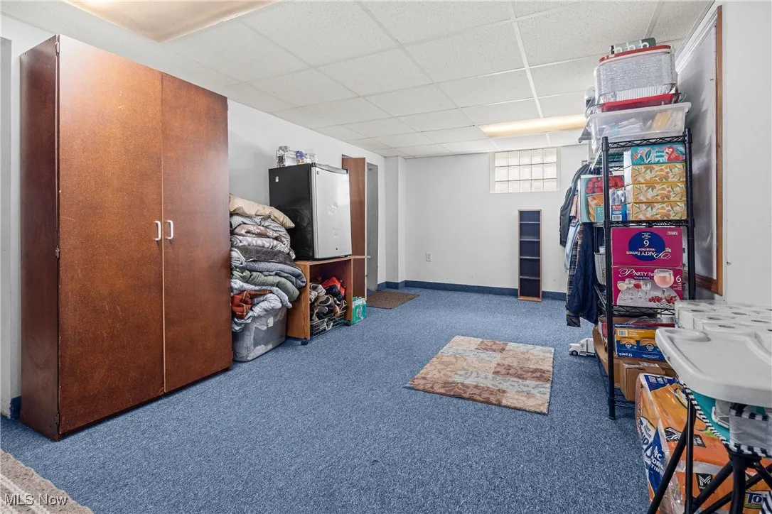 Game room with a drop ceiling and carpet flooring