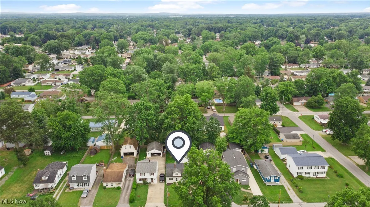 Aerial perspective of suburban area with a forest