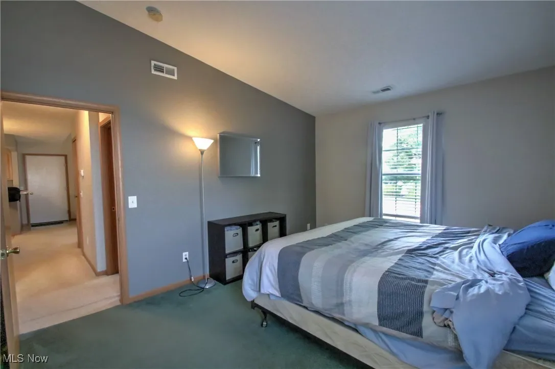 Bedroom with lofted ceiling and light carpet