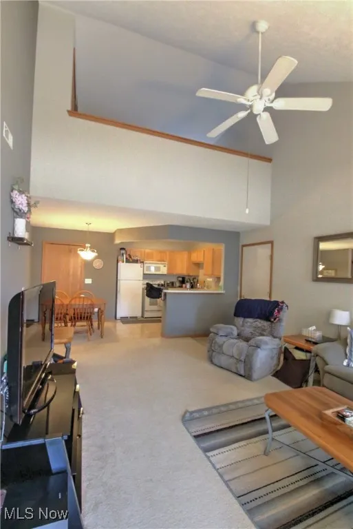 Living area with high vaulted ceiling and carpet floors