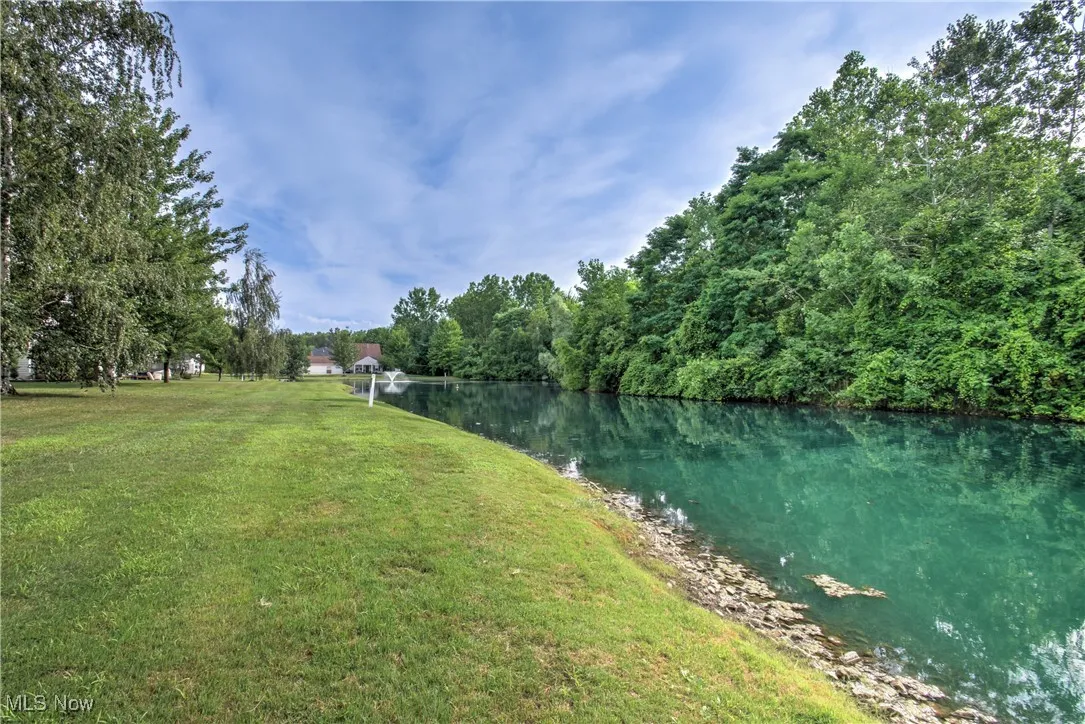 Surrounding community with a lawn, a view of trees, and a water view
