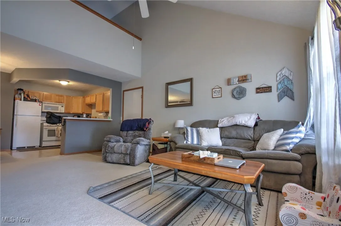 Living area with light colored carpet, a ceiling fan, and high vaulted ceiling