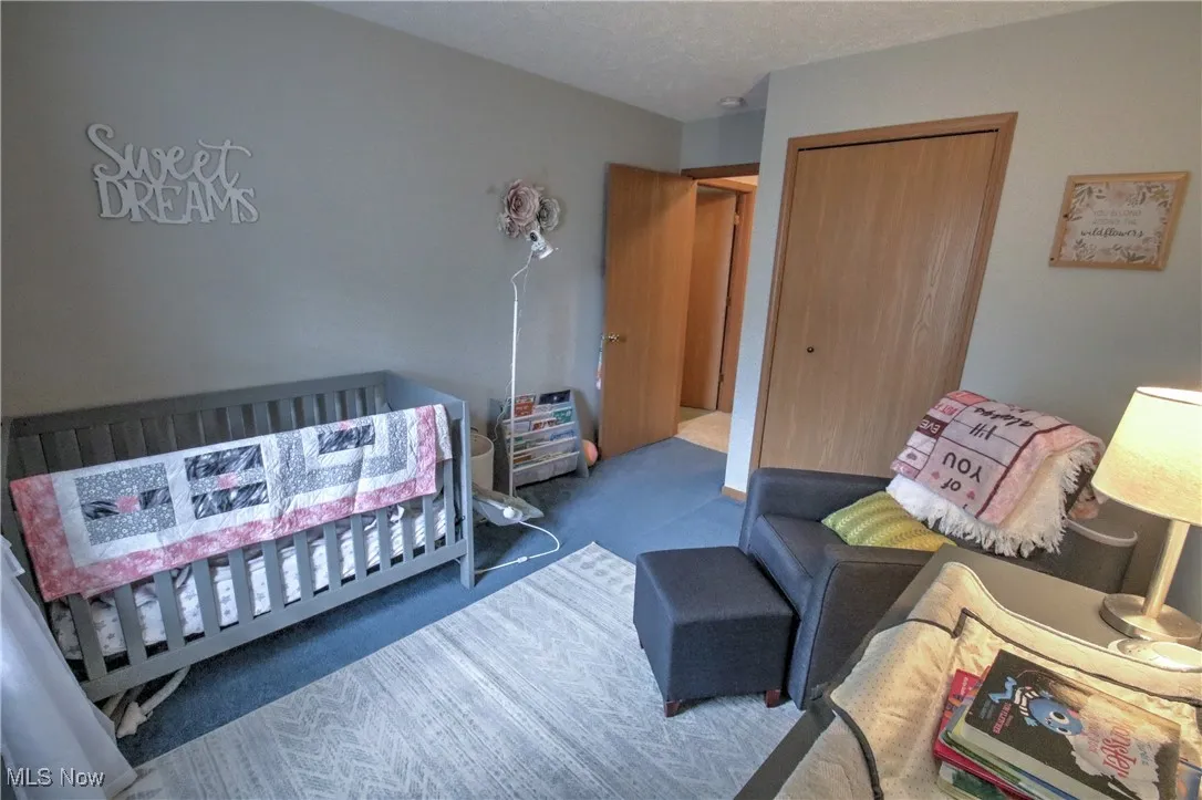 Carpeted bedroom with a closet