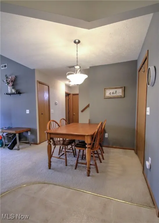 Dining area featuring a textured ceiling and light carpet
