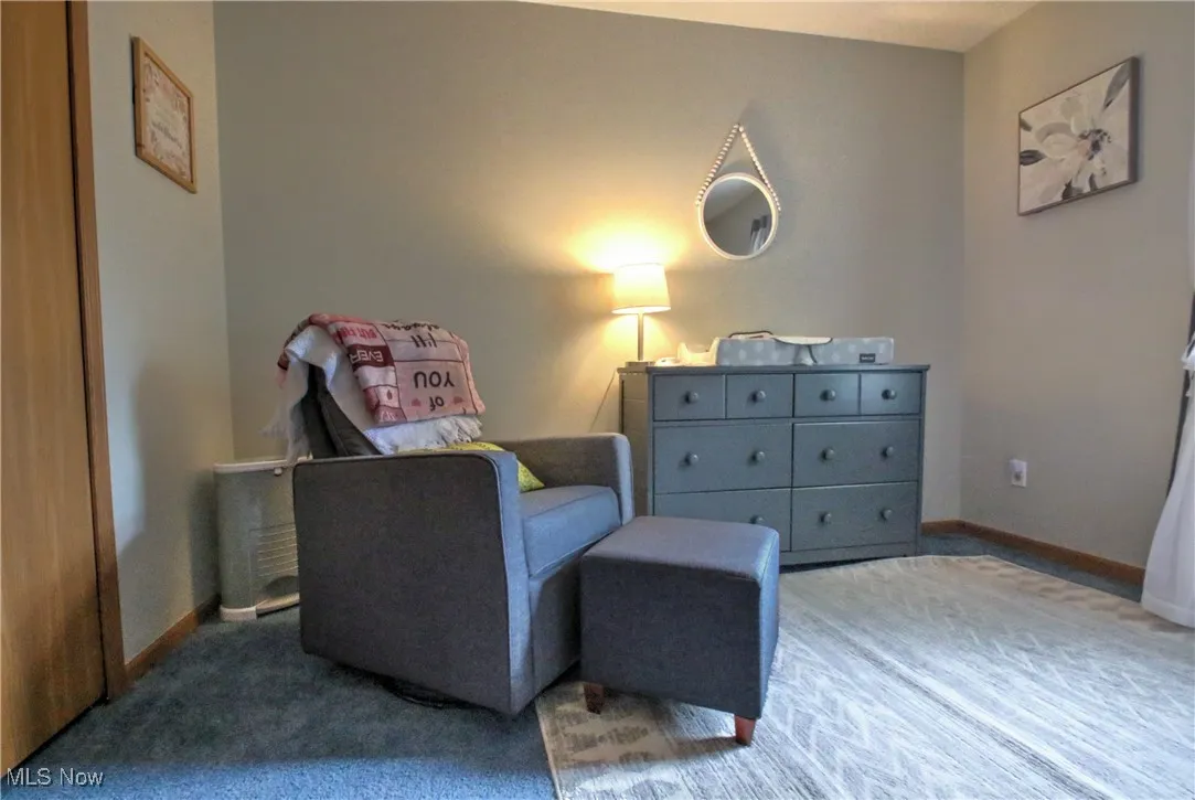 Sitting room featuring carpet floors and baseboards