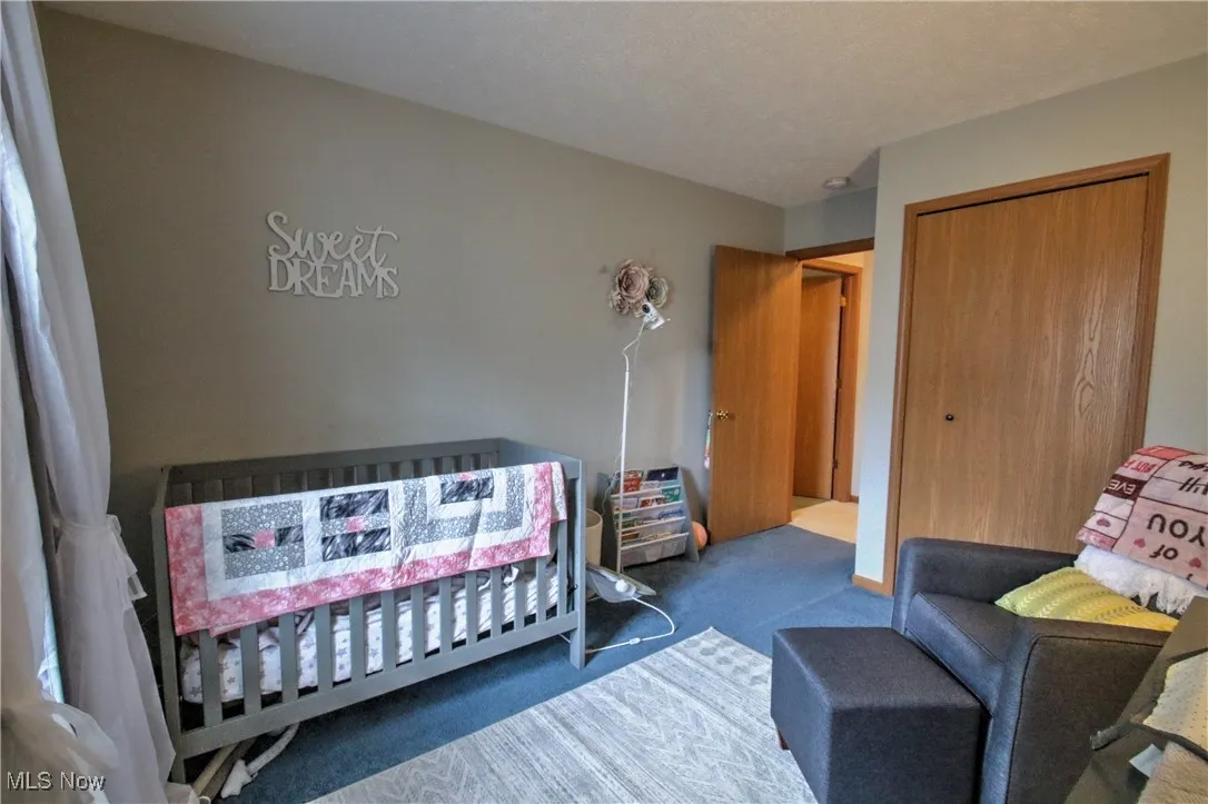 Carpeted bedroom featuring a closet
