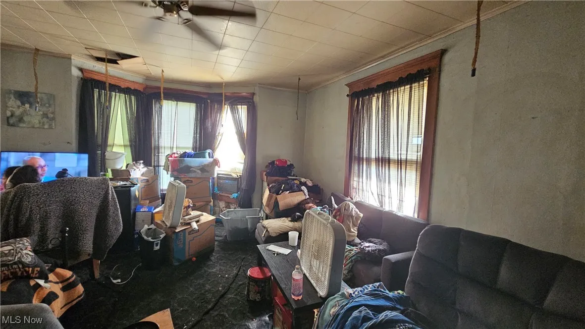 Living room featuring ornamental molding and a ceiling fan