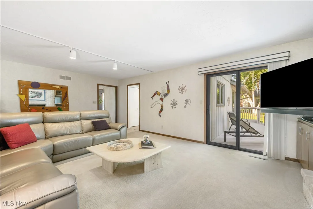 Living area with light colored carpet and track lighting