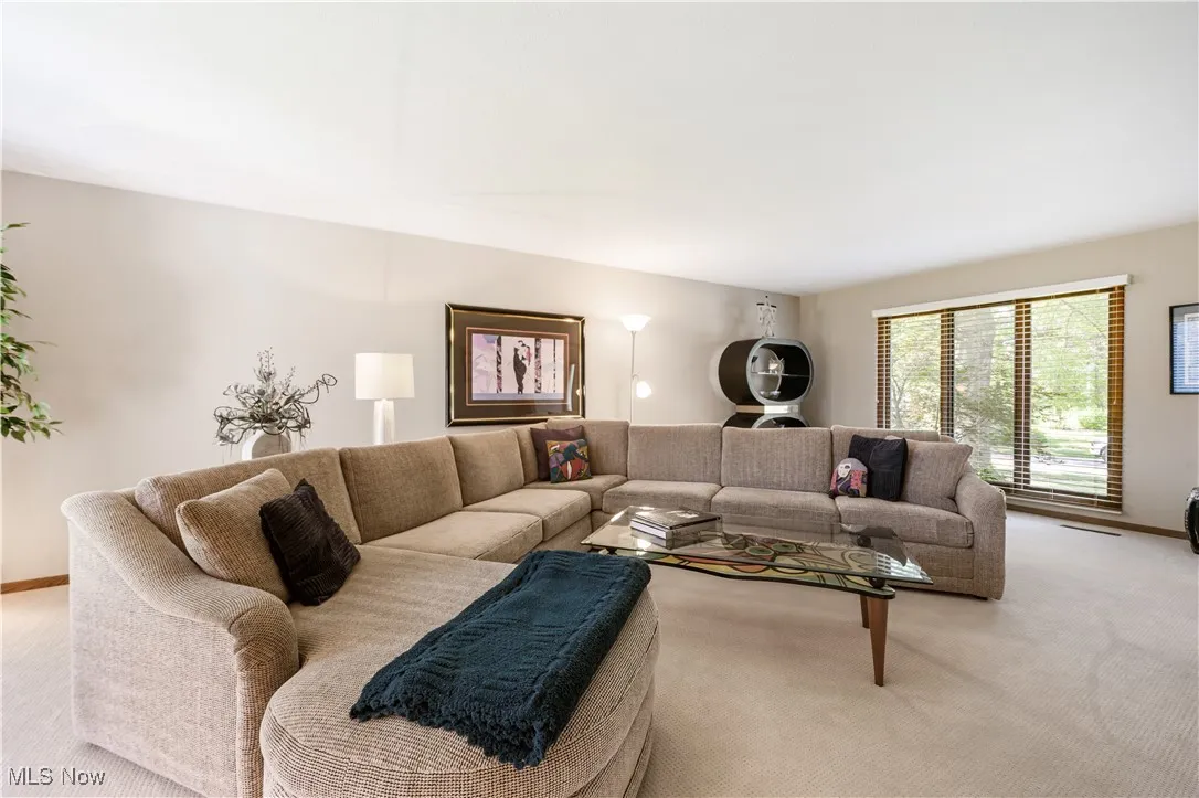 Living room featuring light colored carpet and baseboards