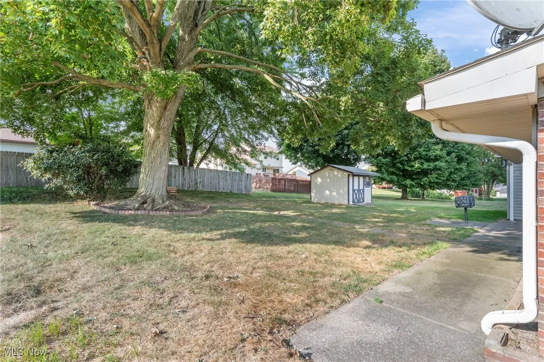 View of yard with a storage unit