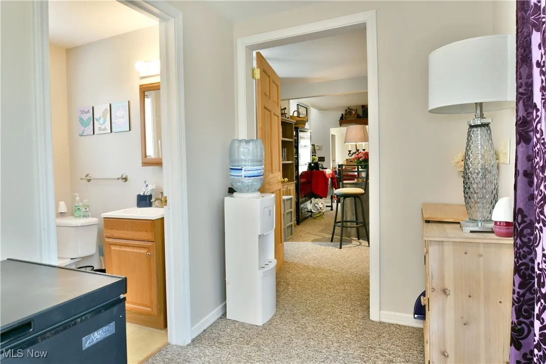 Hall with light carpet and baseboards