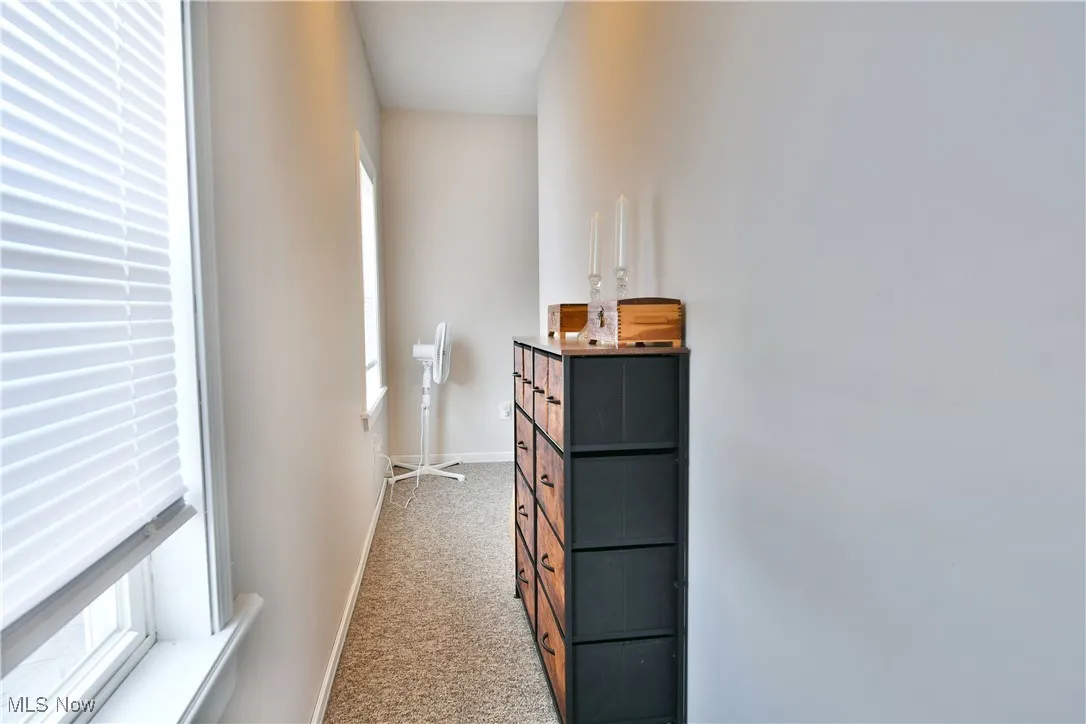 Hallway with light colored carpet and healthy amount of natural light