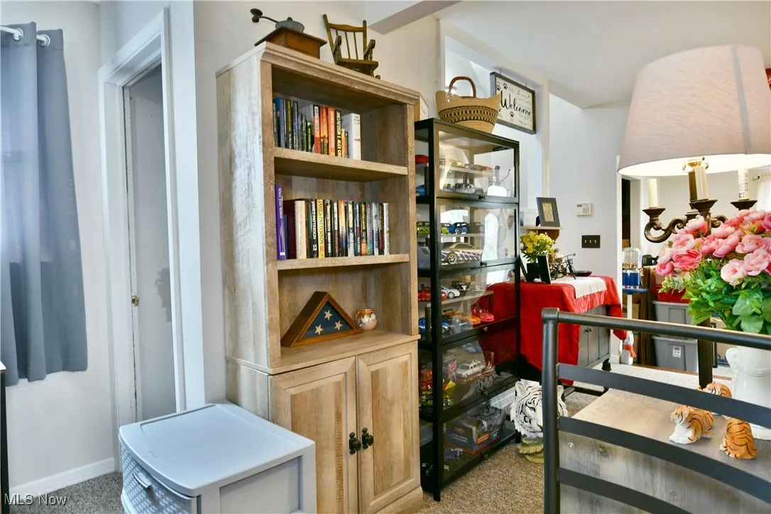 Living area with carpet flooring