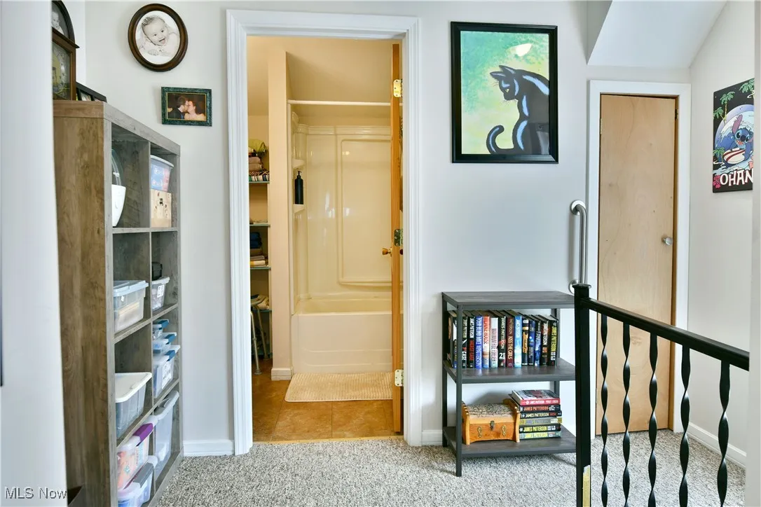 Corridor with carpet and tile patterned flooring