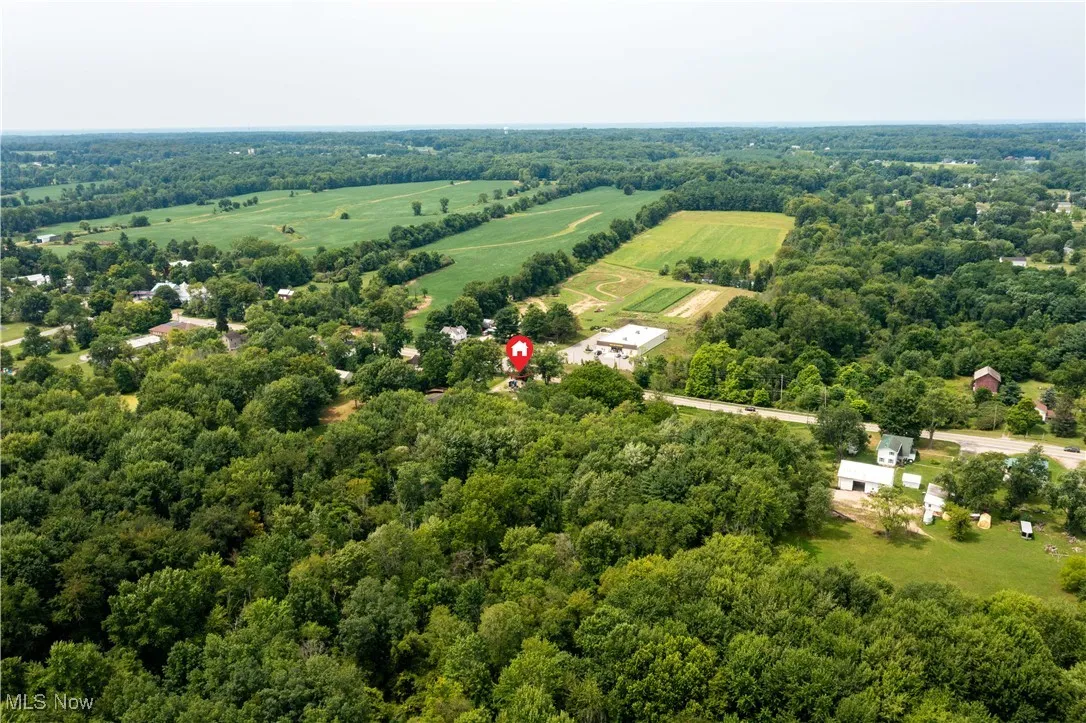 Aerial view of sparsely populated area featuring a forest